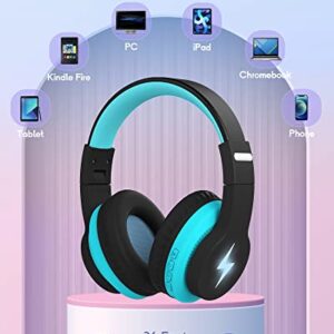 Kids Bluetooth Headphones, Colorful Wireless Over Ear Headset with LED Lights, Built-in Mic, 45H Playtime, 85dB/94dB Volume Limited Headphones for Boys Girls iPad Tablet School Airplane (Blue)