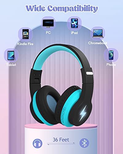 Kids Bluetooth Headphones, Colorful Wireless Over Ear Headset with LED Lights, Built-in Mic, 45H Playtime, 85dB/94dB Volume Limited Headphones for Boys Girls iPad Tablet School Airplane (Blue)