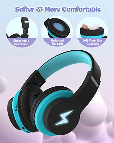 Kids Bluetooth Headphones, Colorful Wireless Over Ear Headset with LED Lights, Built-in Mic, 45H Playtime, 85dB/94dB Volume Limited Headphones for Boys Girls iPad Tablet School Airplane (Blue)