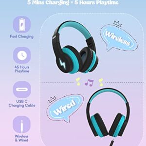 Kids Bluetooth Headphones, Colorful Wireless Over Ear Headset with LED Lights, Built-in Mic, 45H Playtime, 85dB/94dB Volume Limited Headphones for Boys Girls iPad Tablet School Airplane (Blue)