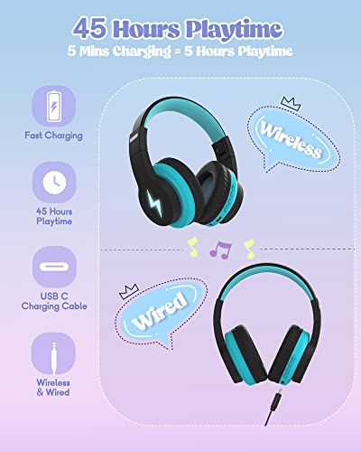 Kids Bluetooth Headphones, Colorful Wireless Over Ear Headset with LED Lights, Built-in Mic, 45H Playtime, 85dB/94dB Volume Limited Headphones for Boys Girls iPad Tablet School Airplane (Blue)