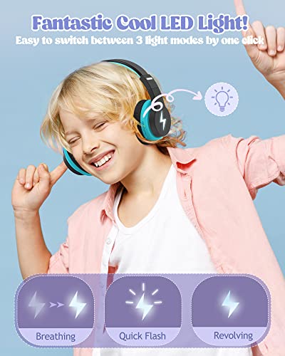 Kids Bluetooth Headphones, Colorful Wireless Over Ear Headset with LED Lights, Built-in Mic, 45H Playtime, 85dB/94dB Volume Limited Headphones for Boys Girls iPad Tablet School Airplane (Blue)