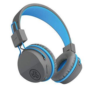 jlab jbuddies studio bluetooth on-ear kids headphones | 13 hour battery life | studio volume safe | volume limiter | folding | adjustable | noise isolation | with mic | gray/blue
