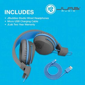 JLab JBuddies Studio Bluetooth On-Ear Kids Headphones | 13 Hour Battery Life | Studio Volume Safe | Volume Limiter | Folding | Adjustable | Noise Isolation | with Mic | Gray/Blue