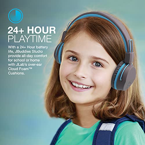 JLab JBuddies Studio Bluetooth On-Ear Kids Headphones | 13 Hour Battery Life | Studio Volume Safe | Volume Limiter | Folding | Adjustable | Noise Isolation | with Mic | Gray/Blue