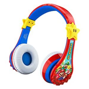 eKids Super Mario Wireless Bluetooth Portable Kids Headphones with Microphone, Volume Reduced to Protect Hearing Rechargeable Battery, Adjustable Kids Headband for School Home or Travel