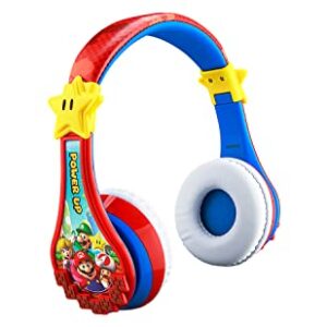 eKids Super Mario Wireless Bluetooth Portable Kids Headphones with Microphone, Volume Reduced to Protect Hearing Rechargeable Battery, Adjustable Kids Headband for School Home or Travel