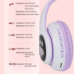 Wireless Headphones TCJJ Cat Ear LED Light Up Bluetooth Foldable Headphones Over Ear w/Microphone for Online Distant Learning (Purple)