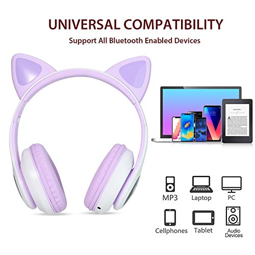 Wireless Headphones TCJJ Cat Ear LED Light Up Bluetooth Foldable Headphones Over Ear w/Microphone for Online Distant Learning (Purple)