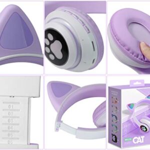 Wireless Headphones TCJJ Cat Ear LED Light Up Bluetooth Foldable Headphones Over Ear w/Microphone for Online Distant Learning (Purple)