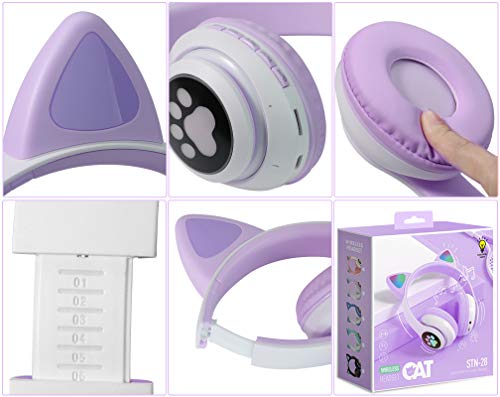 Wireless Headphones TCJJ Cat Ear LED Light Up Bluetooth Foldable Headphones Over Ear w/Microphone for Online Distant Learning (Purple)