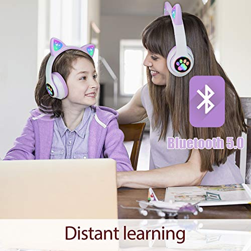 Wireless Headphones TCJJ Cat Ear LED Light Up Bluetooth Foldable Headphones Over Ear w/Microphone for Online Distant Learning (Purple)