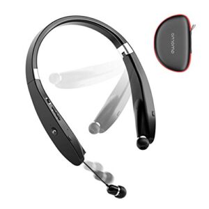 amorno foldable bluetooth headphones wireless neckband headset with retractable earbuds, sports sweatproof noise cancelling stereo earphones with mic