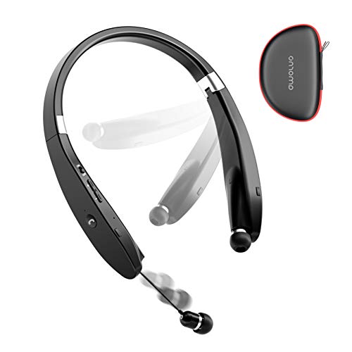 AMORNO Foldable Bluetooth Headphones Wireless Neckband Headset with Retractable Earbuds, Sports Sweatproof Noise Cancelling Stereo Earphones with Mic