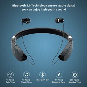 AMORNO Foldable Bluetooth Headphones Wireless Neckband Headset with Retractable Earbuds, Sports Sweatproof Noise Cancelling Stereo Earphones with Mic