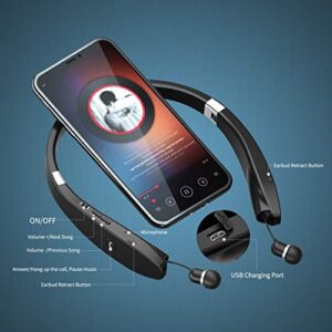 AMORNO Foldable Bluetooth Headphones Wireless Neckband Headset with Retractable Earbuds, Sports Sweatproof Noise Cancelling Stereo Earphones with Mic