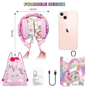 QearFun Unicorn Headphones for Girls Kids for School, Kids Bluetooth Headphones with Microphone & 3.5mm Jack, Teens Toddlers Wireless Headphones with Adjustable Headband for ipad/Tablet/PC/Smartphones