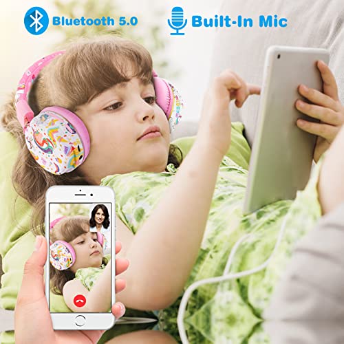 QearFun Unicorn Headphones for Girls Kids for School, Kids Bluetooth Headphones with Microphone & 3.5mm Jack, Teens Toddlers Wireless Headphones with Adjustable Headband for ipad/Tablet/PC/Smartphones