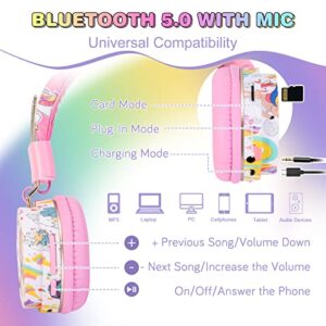 QearFun Unicorn Headphones for Girls Kids for School, Kids Bluetooth Headphones with Microphone & 3.5mm Jack, Teens Toddlers Wireless Headphones with Adjustable Headband for ipad/Tablet/PC/Smartphones
