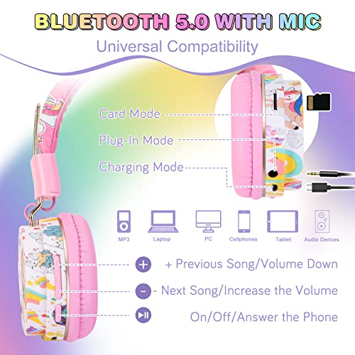 QearFun Unicorn Headphones for Girls Kids for School, Kids Bluetooth Headphones with Microphone & 3.5mm Jack, Teens Toddlers Wireless Headphones with Adjustable Headband for ipad/Tablet/PC/Smartphones