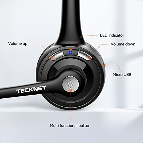 Bluetooth Headset, TECKNET Wireless On Ear Headphones with Noise Cancelling Microphone for Trucker, Hand Free Wireless Headset with Mute Mic for Cellphone, PC, Home, Office, Call Center, Skype, Travel