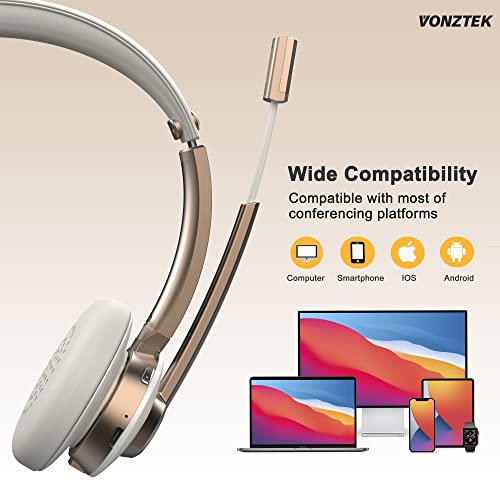 Vonztek Bluetooth Headset with Microphone, Wireless Headphones with Noise Cancelling Mic, 26hrs talktime, On Ear Headphones with Mic Mute for PC/Mac/Laptop/Zoom/Skype/Ms Teams/Call Center/Office/Home