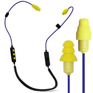 plugfones liberate 2.0 wireless bluetooth in-ear earplug earbuds- noise reduction headphones with noise isolating mic and controls (blue & yellow)