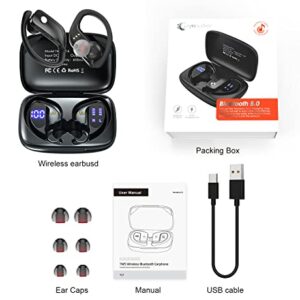 Caymuller Wireless Earbuds Bluetooth Headphones 48Hrs Play Back Sports Earphones with LED Display Over-Ear Buds Built in Mic in Ear Waterproof Headset for Workout Gaming Running