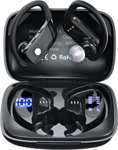 caymuller wireless earbuds bluetooth headphones 48hrs play back sports earphones with led display over-ear buds built in mic in ear waterproof headset for workout gaming running