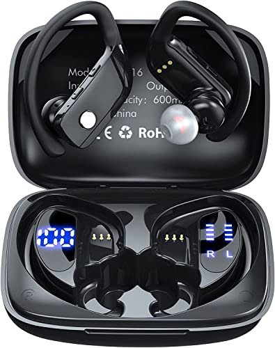 Caymuller Wireless Earbuds Bluetooth Headphones 48Hrs Play Back Sports Earphones with LED Display Over-Ear Buds Built in Mic in Ear Waterproof Headset for Workout Gaming Running