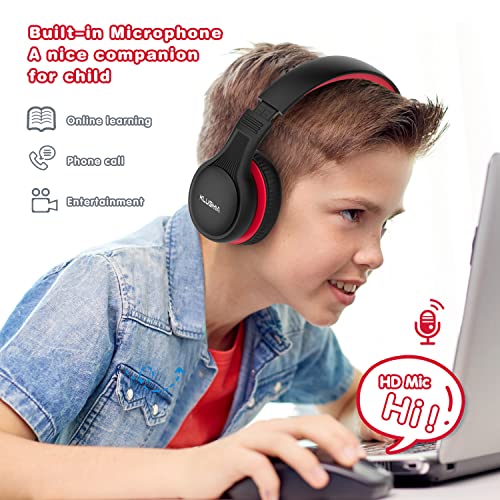 KLUGMIA Kids Bluetooth Headphones, 85/94dB Volume Limited Kids Headphones, Over Ear Toddler Headphones with Built-in Mic, Bluetooth 5.0, Foldable Wireless Headphones for Kids (Black red)