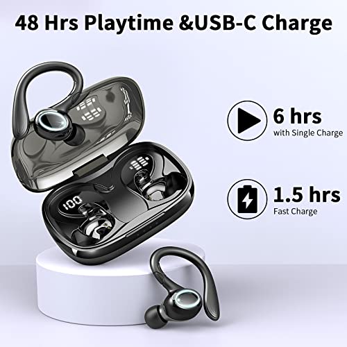 Wireless Earbud, Bluetooth 5.3 Headphones with Sport Earhooks Bluetooth Earbud Over Ear with Immersive Sound, Wireless Earphones Dual LED Display, 48H Playtime, IP7 Waterproof, Noise Cancelling[2023]
