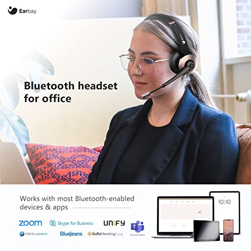 Bluetooth Headset, Wireless Headphones with Microphone Noise Cancelling, On Ear Headphones with Mic Mute, Handsfree PC Headsets for Zoom/Ms Teams/Skype 26H Playtime|Dual Connect|Laptop|iPhone|Tablet