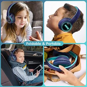 FFZ Kids Bluetooth Headphones, Kids Wireless Headphones, Headphones for Kids for School, Built-in Microphone, Colorful LED Lights, Foldable Headset, for Ipad/Tablet/Car/Airplane(Navy Blue)