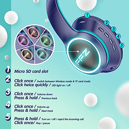 FFZ Kids Bluetooth Headphones, Kids Wireless Headphones, Headphones for Kids for School, Built-in Microphone, Colorful LED Lights, Foldable Headset, for Ipad/Tablet/Car/Airplane(Navy Blue)