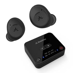 avantree ace t40 true wireless earbuds for tv listening watching, bluetooth 5.2 headphones with transmitter for optical, 3.5mm aux, rca ported television, aptx adaptive, 10hrs rechargeable earphones