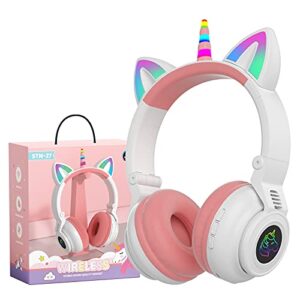 yusonic unicorn kids headphones,unicorn bluetooth headphones foldable for girls boys toddlers phones/ipad/amazon fire,light up kids wireless headphone birthday gifts (white+pink)