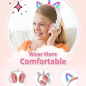 YUSONIC Unicorn Kids Headphones,Unicorn Bluetooth Headphones Foldable for Girls Boys Toddlers Phones/ipad/Amazon fire,Light Up Kids Wireless Headphone Birthday Gifts (White+Pink)