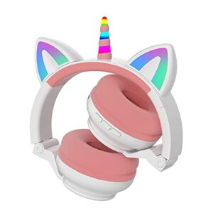 YUSONIC Unicorn Kids Headphones,Unicorn Bluetooth Headphones Foldable for Girls Boys Toddlers Phones/ipad/Amazon fire,Light Up Kids Wireless Headphone Birthday Gifts (White+Pink)