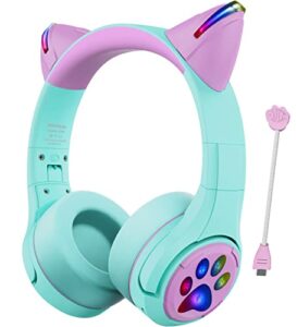 riwbox cf9 cat ear kids bluetooth headphones with led light up,safe 85db volume limit,built-in mic&boom mic for calls,kids wireless&wired headphones for girls/toddler/online learning/school (green)