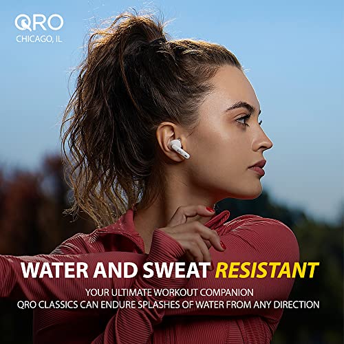 Qro Classics Wireless Earbuds, Active Noise Cancelling Bluetooth 5.3 Headphones, 4 Mic Headset, Touch Control, Deep Bass, Water Resistant Stereo Earphones, 30h Charging Case iOS Android Sport White