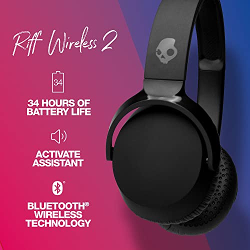 Skullcandy Riff 2 Wireless Headphones with Tile Finding Technology / 34 Hour Battery/Use with iPhone and Android/with Mic/Best for Music, Travel, and Gaming/Bluetooth Headphones - Black