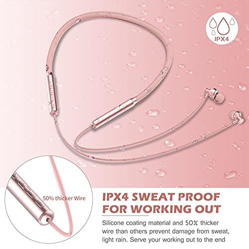 KLOKOL Bluetooth Headphones Neckband V5.0 Wireless Headset Sport Earbuds w/Mic Cordless Noise Canceling Earphones 15Hrs Playtime for Gym Running Compatible with iPhone Samsung Android (Rose Gold)