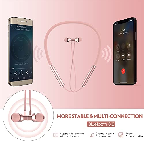 KLOKOL Bluetooth Headphones Neckband V5.0 Wireless Headset Sport Earbuds w/Mic Cordless Noise Canceling Earphones 15Hrs Playtime for Gym Running Compatible with iPhone Samsung Android (Rose Gold)