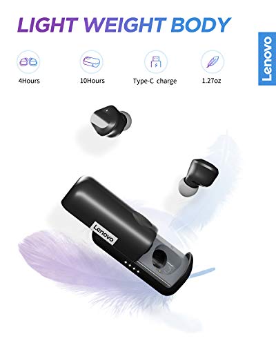 Lenovo True Wireless Earbuds Bluetooth 5.0 IPX5 Waterproof with USB-C Quick Charge and Built-in Microphone for Work/Travel/Gym (Black)