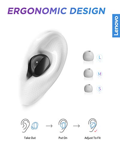 Lenovo True Wireless Earbuds Bluetooth 5.0 IPX5 Waterproof with USB-C Quick Charge and Built-in Microphone for Work/Travel/Gym (Black)