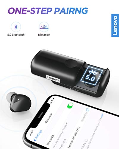 Lenovo True Wireless Earbuds Bluetooth 5.0 IPX5 Waterproof with USB-C Quick Charge and Built-in Microphone for Work/Travel/Gym (Black)