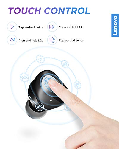 Lenovo True Wireless Earbuds Bluetooth 5.0 IPX5 Waterproof with USB-C Quick Charge and Built-in Microphone for Work/Travel/Gym (Black)