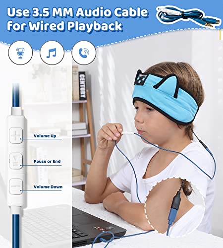 KIDSBAND Kids Headphones Bluetooth Headband Adjustable, Wireless Sleep Headphones for Kids with Wired Playback 3.5 MM Jack for Teens/Boys/Girls/Smartphones/School/Kindle/Airplane Travel/Plane/Tablet