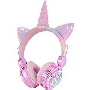 koraba kids wireless headphones for girls children teens, led light up bluetooth unicorn headphones with microphone for school/xmas/online study/unicorn gifts (pink wireless)